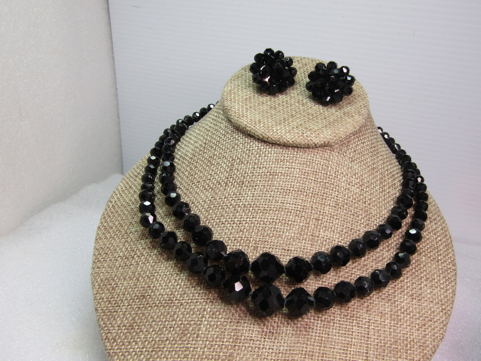 Vintage Black Faceted Glass Necklace & Earrings, Clip - Double Strand, 16", 1940's-1950's - 2