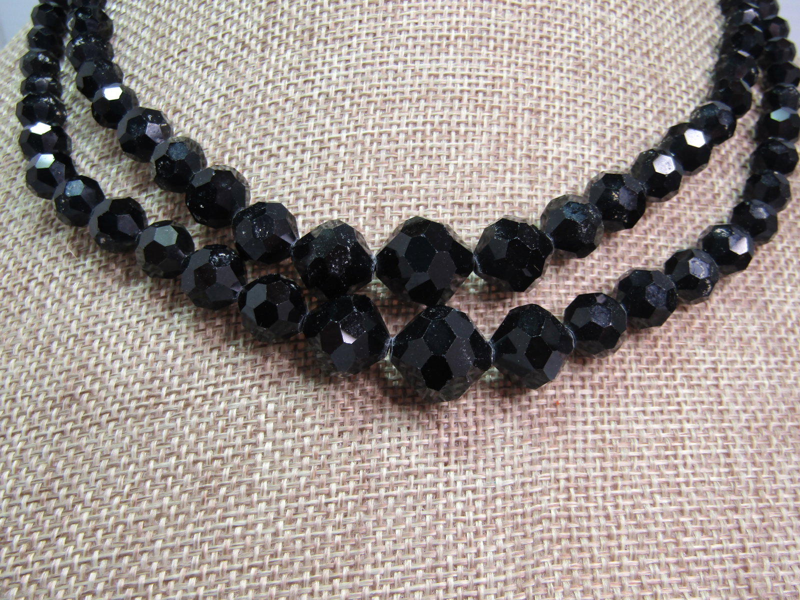 Vintage Black Faceted Glass Necklace & Earrings, Clip - Double Strand, 16", 1940's-1950's - 3