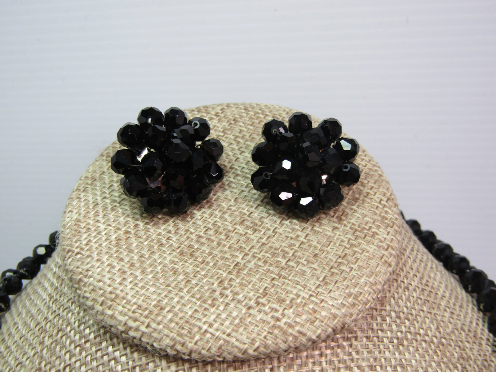 Vintage Black Faceted Glass Necklace & Earrings, Clip - Double Strand, 16", 1940's-1950's - 4