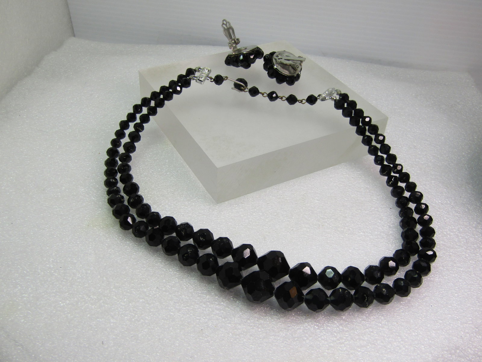 Vintage Black Faceted Glass Necklace & Earrings, Clip - Double Strand, 16", 1940's-1950's - 5