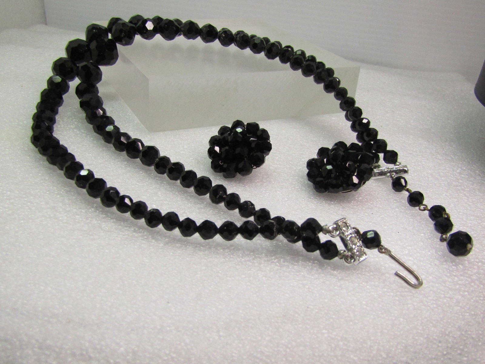 Vintage Black Faceted Glass Necklace & Earrings, Clip - Double Strand, 16", 1940's-1950's - 6