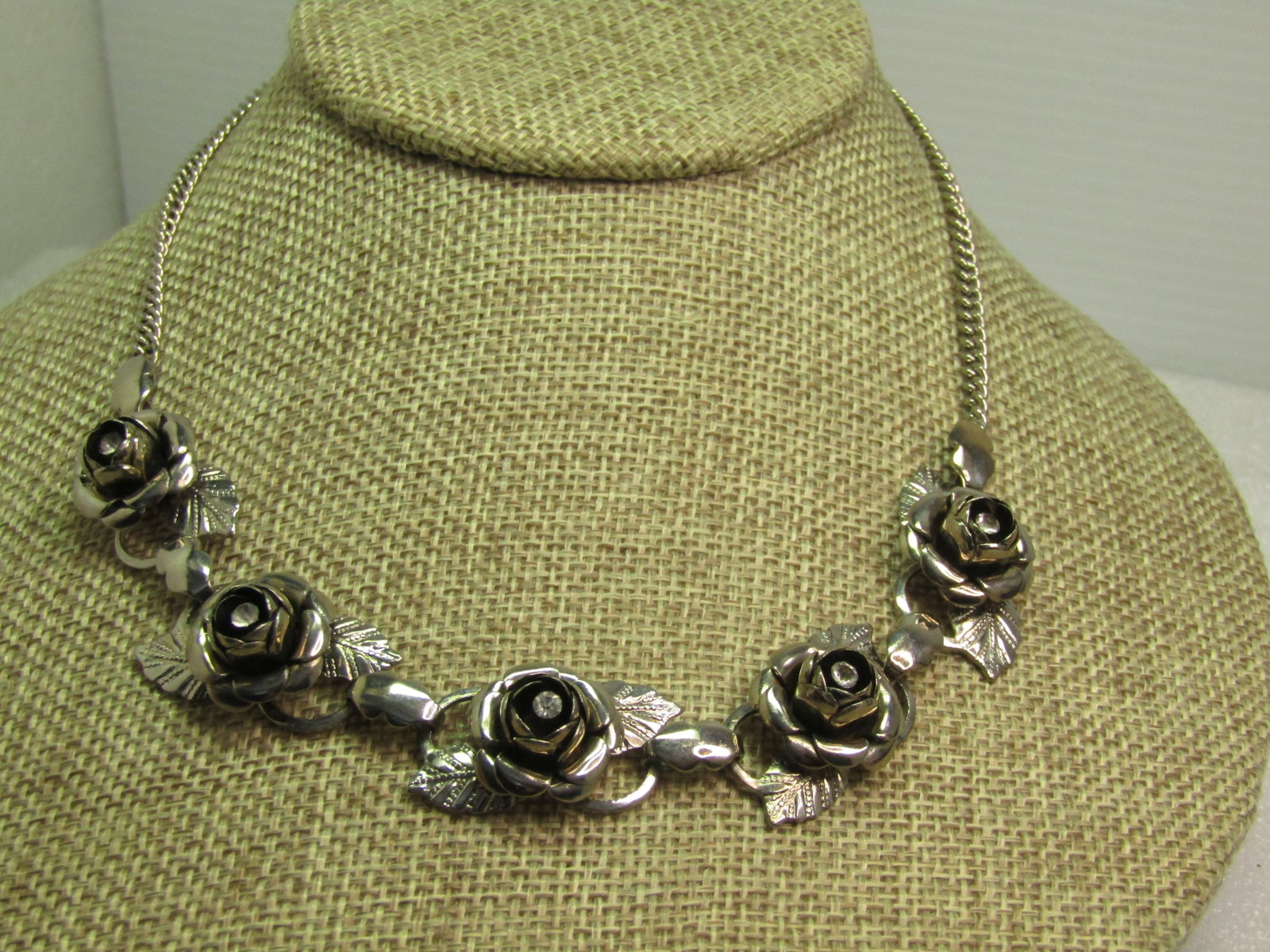Vintage Rose Blossom Necklace, Rhinestone Center, 16.5", 1960's-1970's - 2