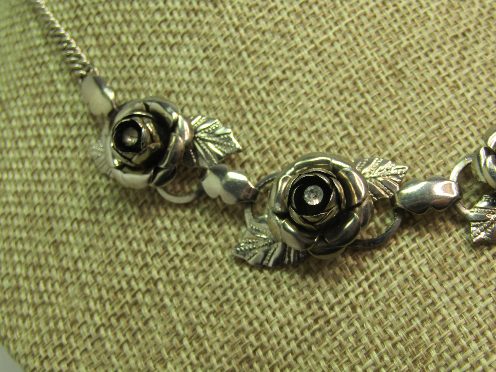 Vintage Rose Blossom Necklace, Rhinestone Center, 16.5", 1960's-1970's - 3