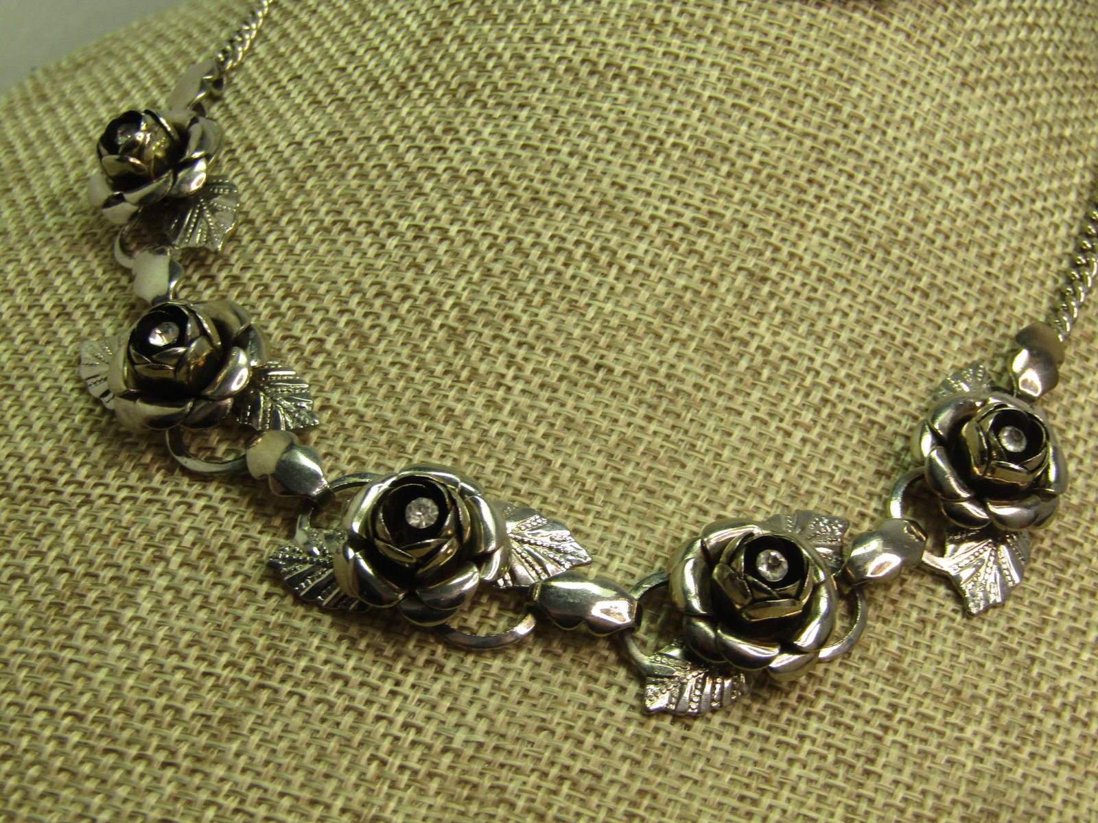 Vintage Rose Blossom Necklace, Rhinestone Center, 16.5", 1960's-1970's - 4