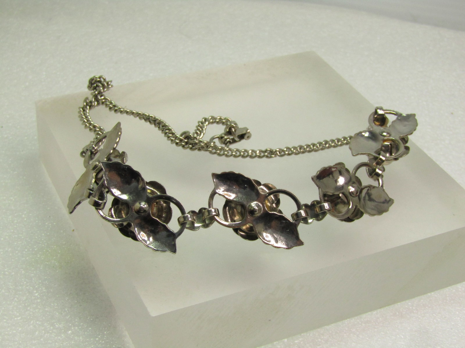 Vintage Rose Blossom Necklace, Rhinestone Center, 16.5", 1960's-1970's - 5