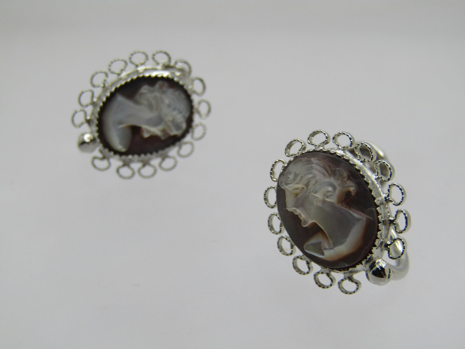 Vintage Sterling Cameo Shell Earings, Signed D'or, Mother-of-pearl, 1960's-1970's - 2