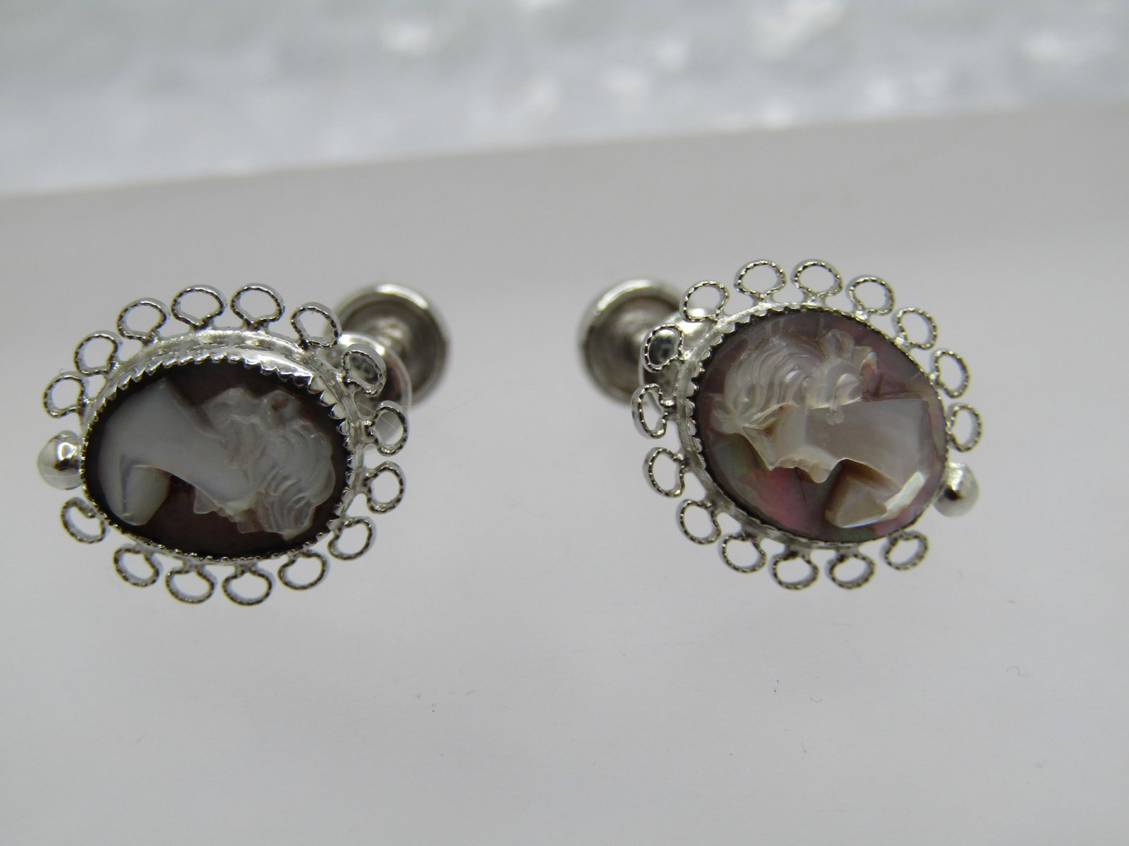Vintage Sterling Cameo Shell Earings, Signed D'or, Mother-of-pearl, 1960's-1970's - 3