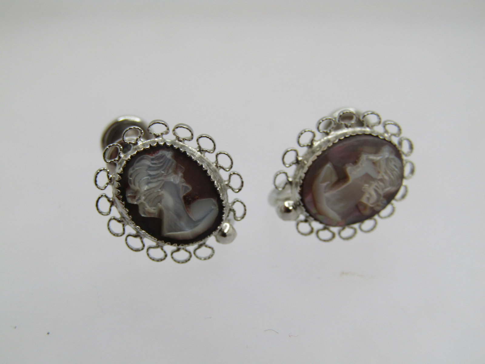 Vintage Sterling Cameo Shell Earings, Signed D'or, Mother-of-pearl, 1960's-1970's - 5
