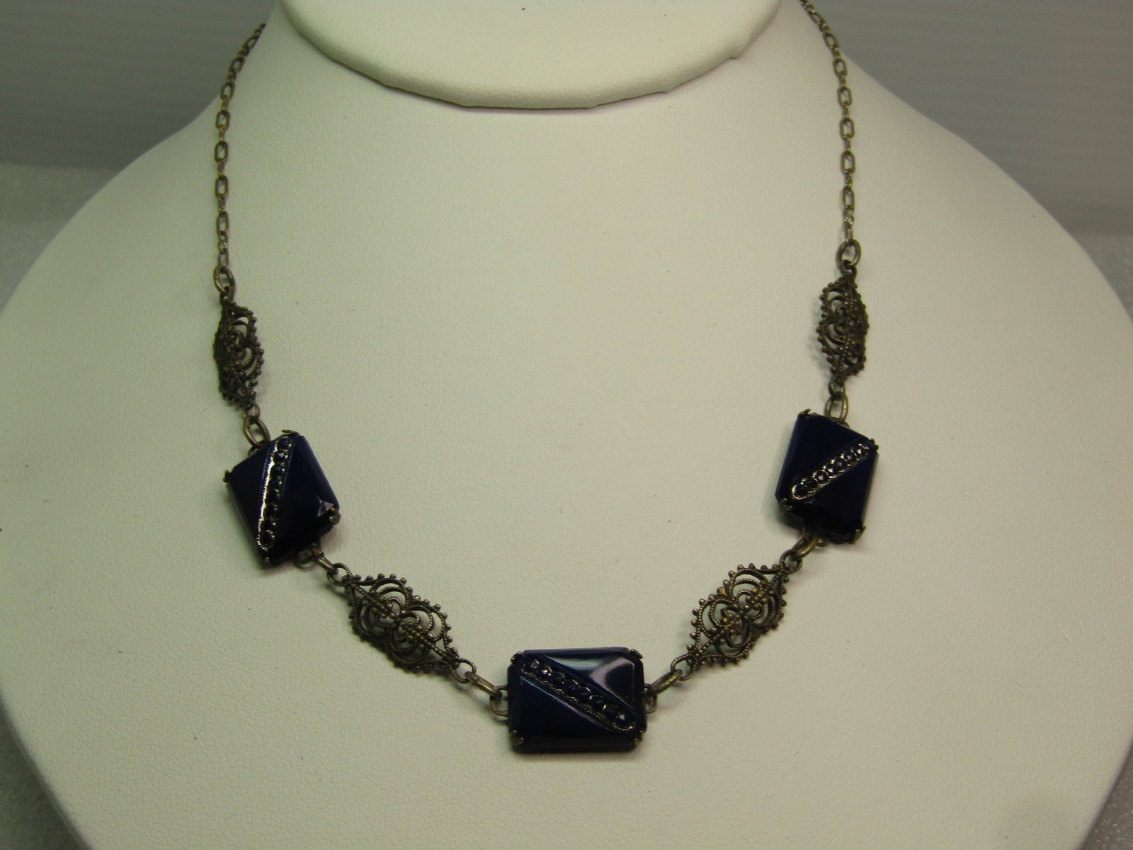 Vintage Blue Glass Necklace, Filigree Links, 16", 1920's, Sterling Clasp - 3