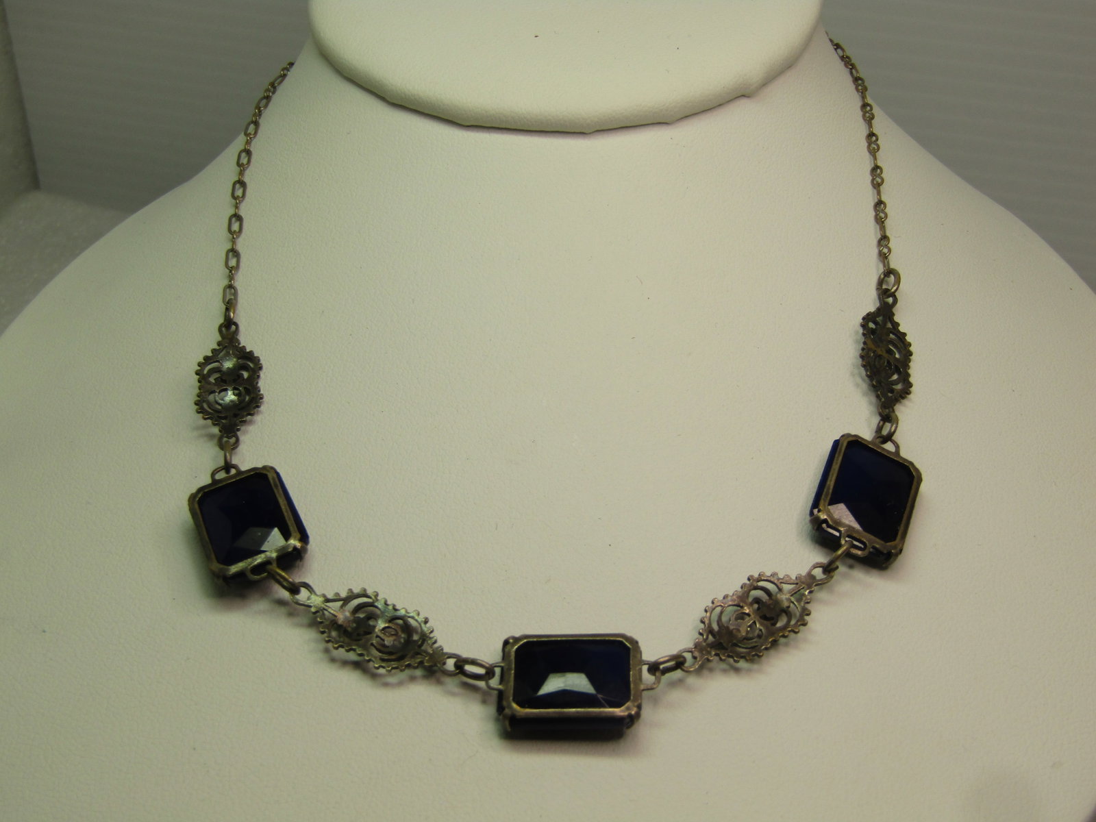 Vintage Blue Glass Necklace, Filigree Links, 16", 1920's, Sterling Clasp - 4