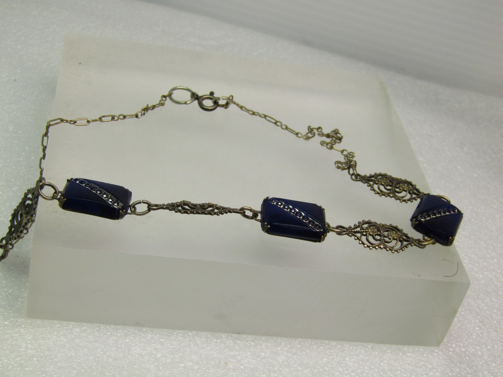 Vintage Blue Glass Necklace, Filigree Links, 16", 1920's, Sterling Clasp - 5