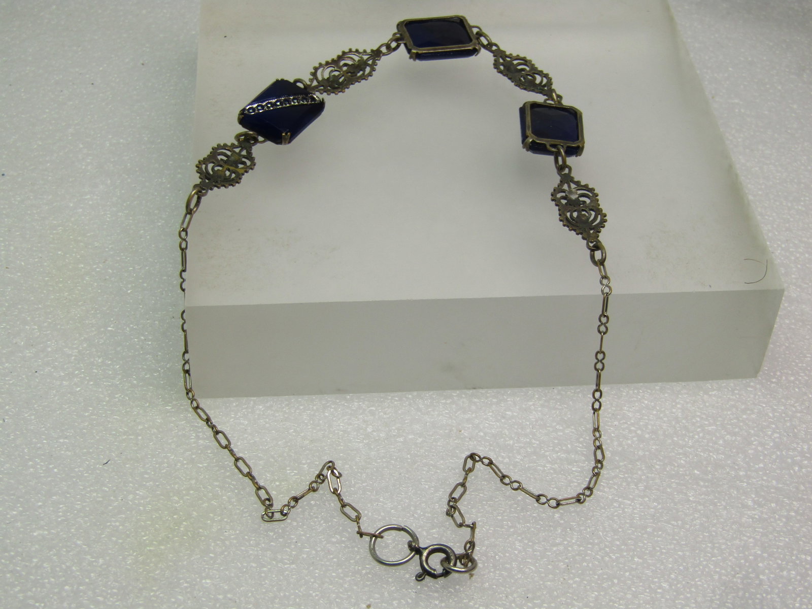 Vintage Blue Glass Necklace, Filigree Links, 16", 1920's, Sterling Clasp - 6