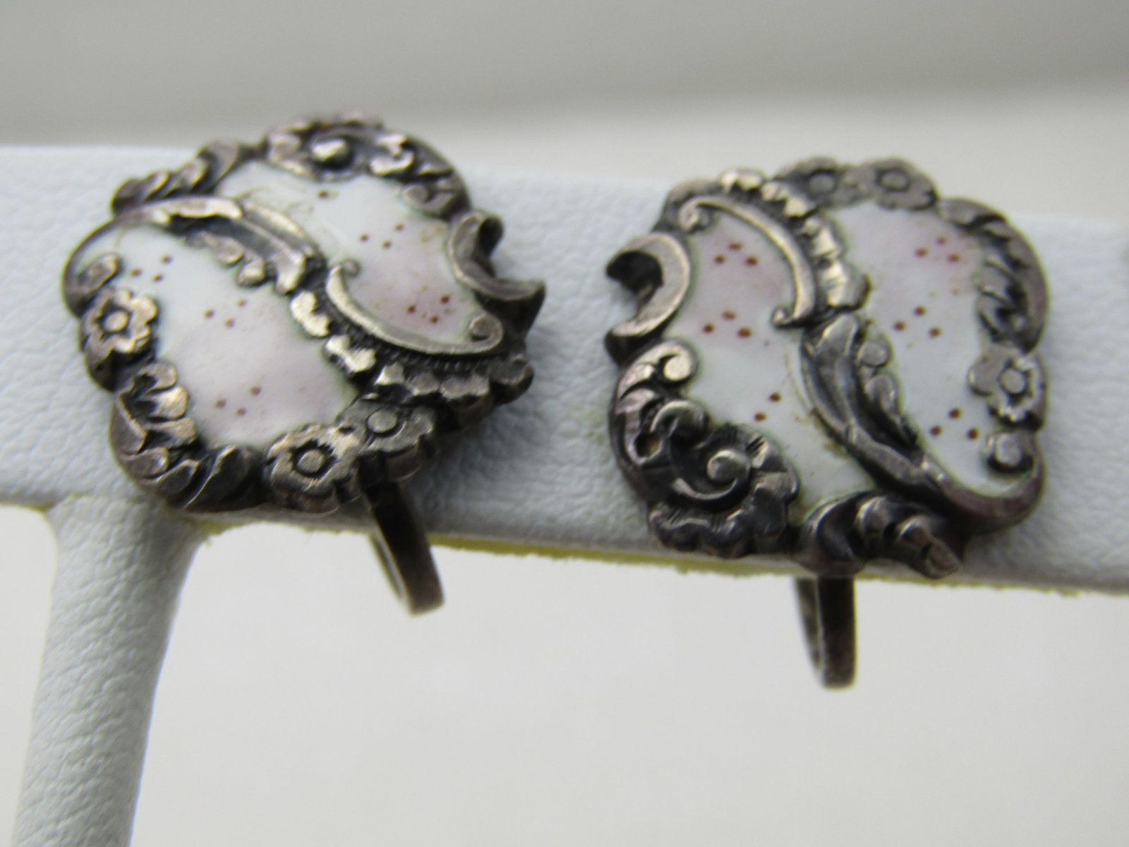 Vintage Sterling early 1900's Enameled Earrings, Screw Back, Floral Scrolled Design - 3