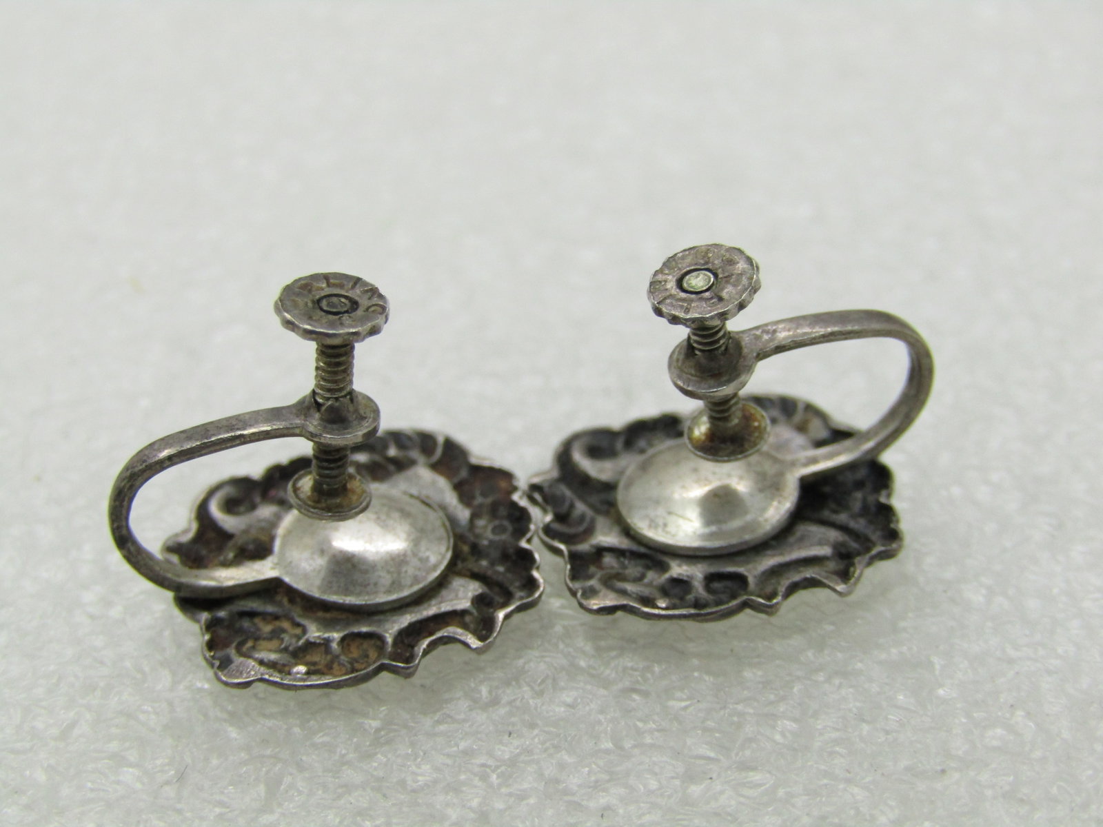 Vintage Sterling early 1900's Enameled Earrings, Screw Back, Floral Scrolled Design - 7