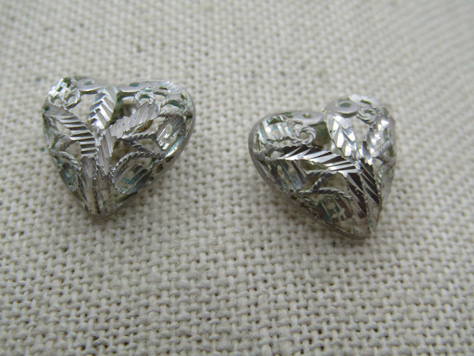 Vintage Sterling Filigree Heart Earrings, Domed, Pierced, 1970's-1980's (1 of 5)