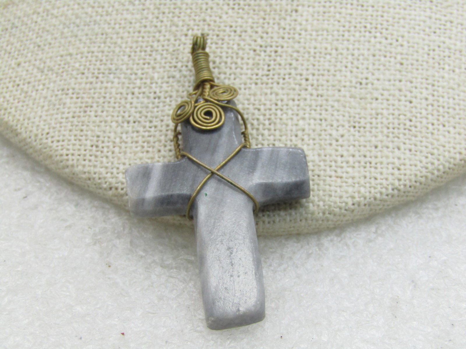 Gray Stone/Marble Brass Wrapped Cross Pendant, 2": Title: Gray Stone/Marble Brass Wrapped Cross Pendant, 2" Description: Gray Stone/Marble Brass Wrapped Cross Pendant, 2" and 1-1/8" wide. Nicely made, hand made. 1970's-1980's. Very good condition othe