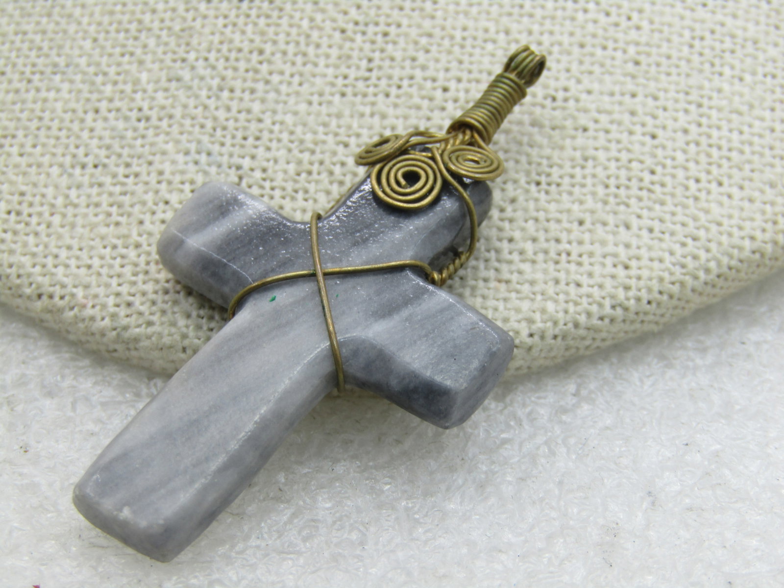 Gray Stone/Marble Brass Wrapped Cross Pendant, 2" - 2