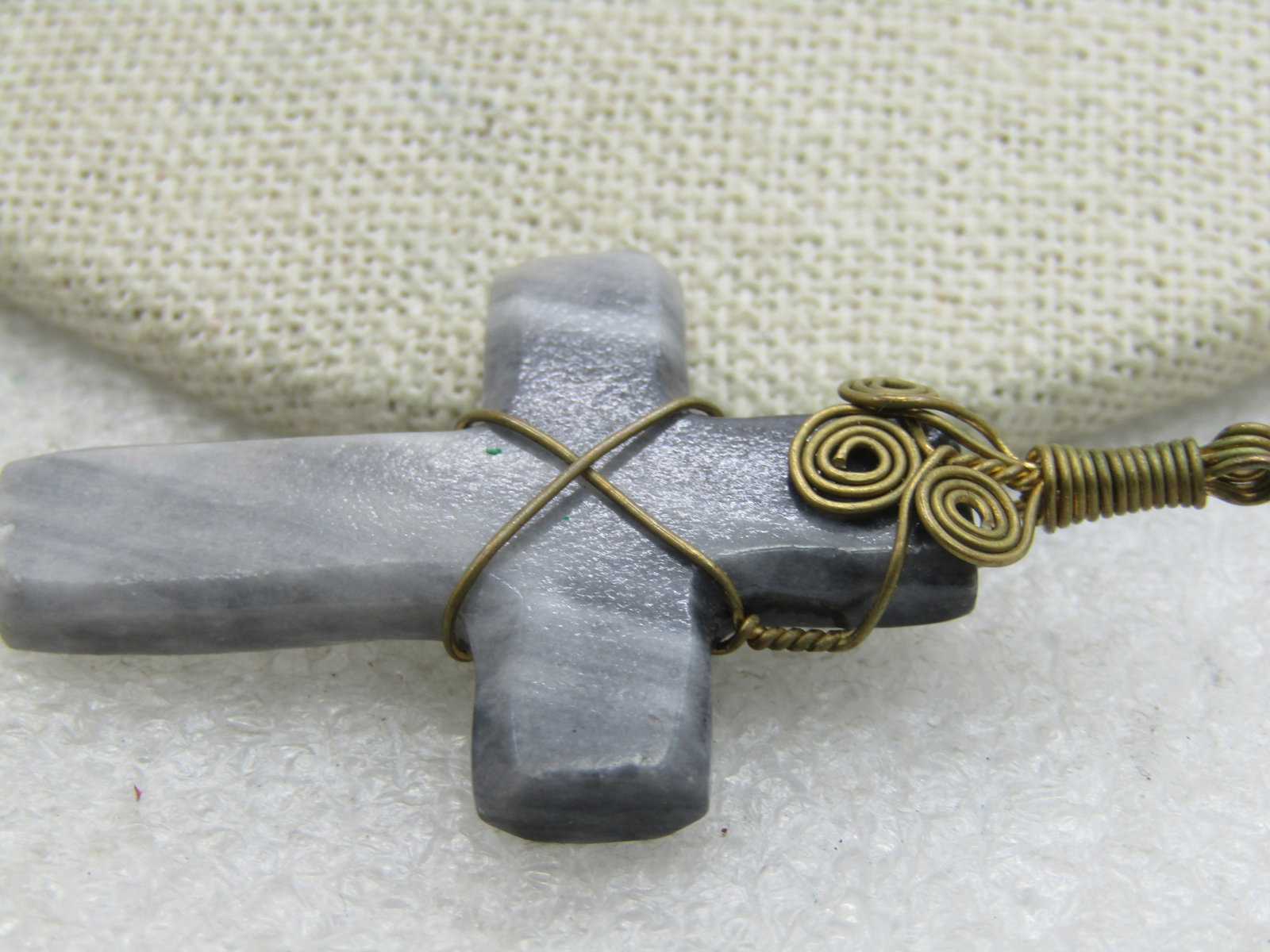 Gray Stone/Marble Brass Wrapped Cross Pendant, 2" - 3