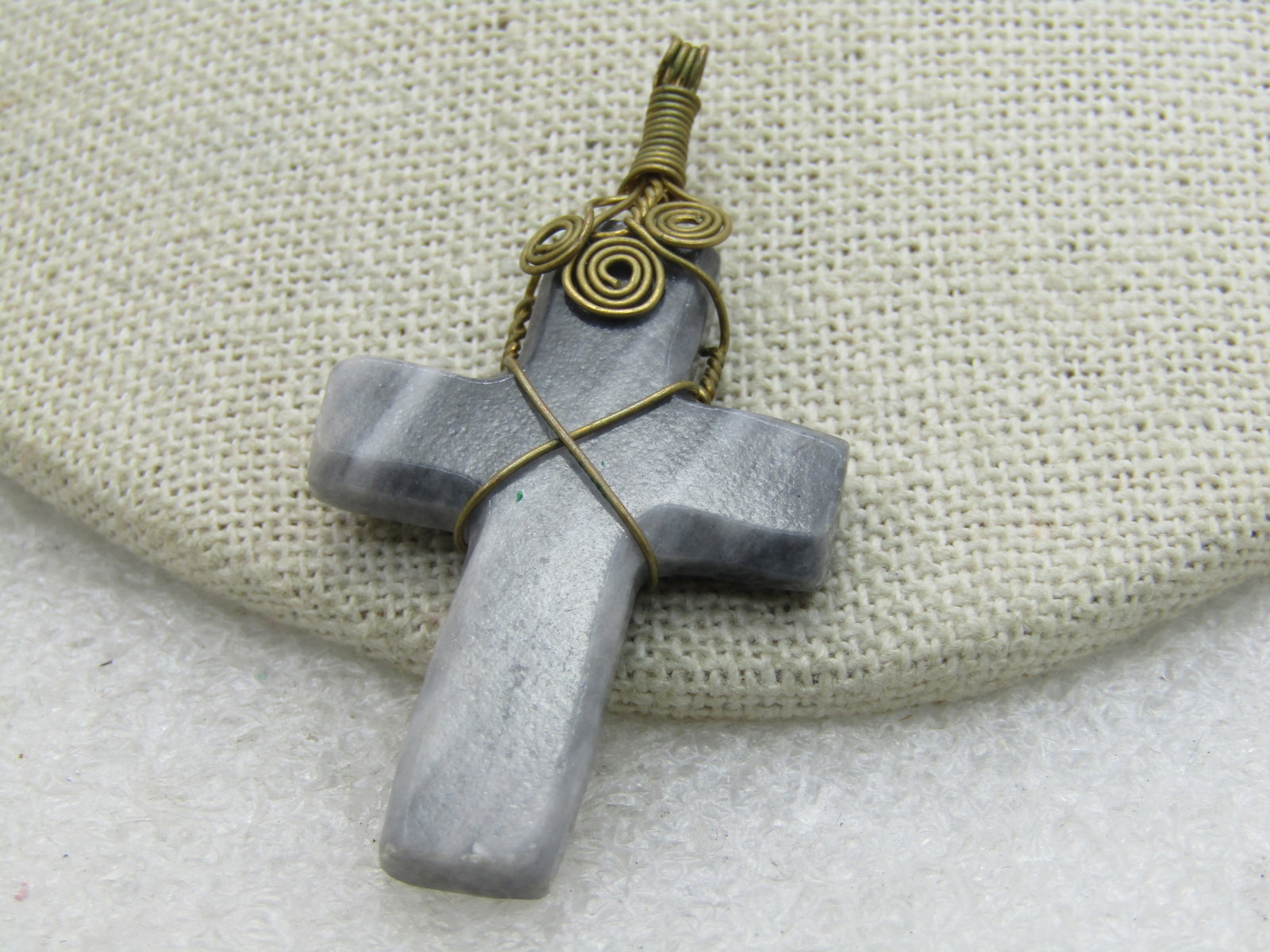 Gray Stone/Marble Brass Wrapped Cross Pendant, 2" - 4