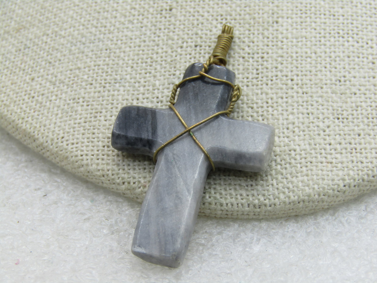 Gray Stone/Marble Brass Wrapped Cross Pendant, 2" - 5
