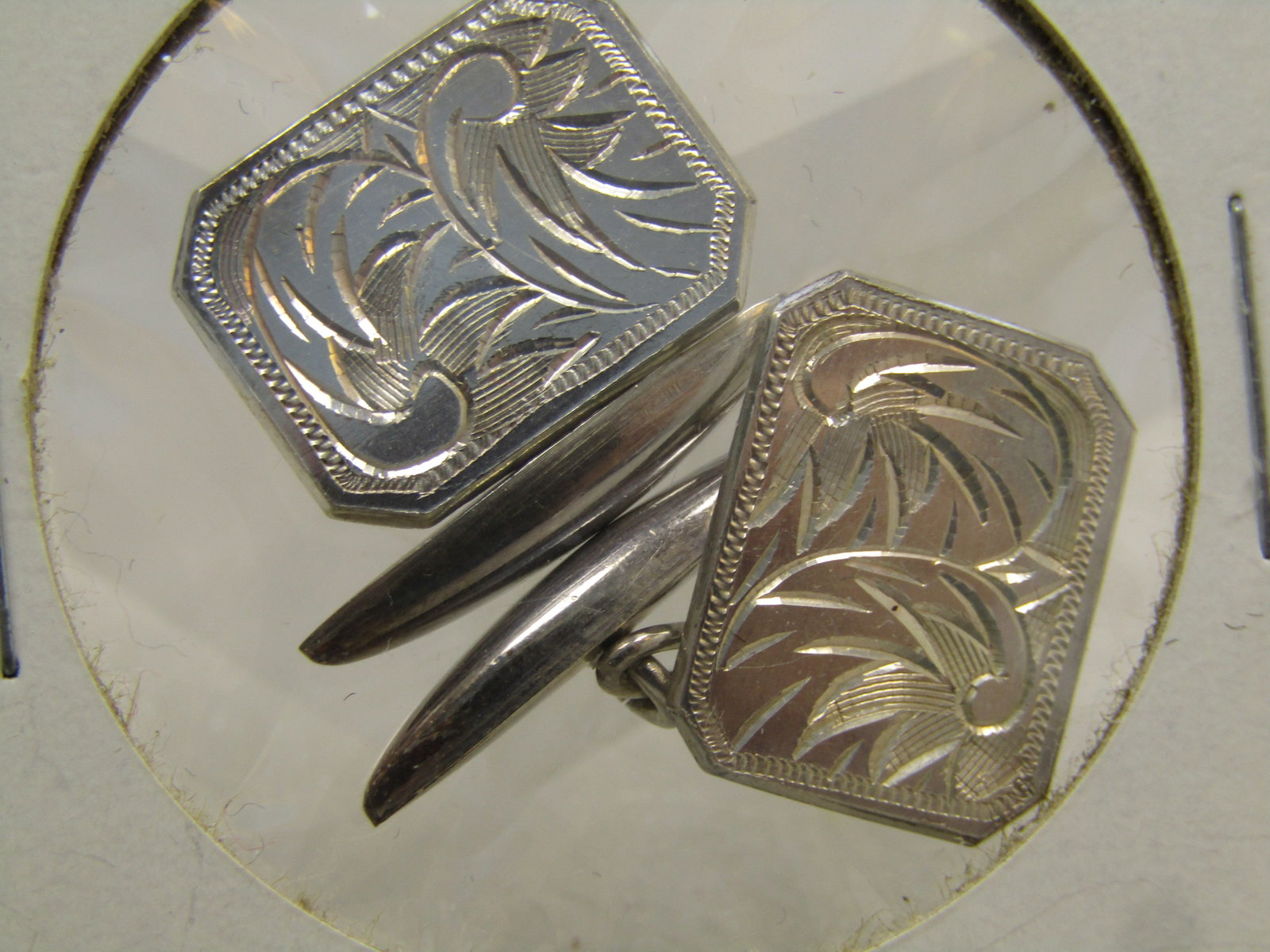 Vintage .800 Silver Engraved Cufflinks, Chain Connector 1930's-1940's - 2