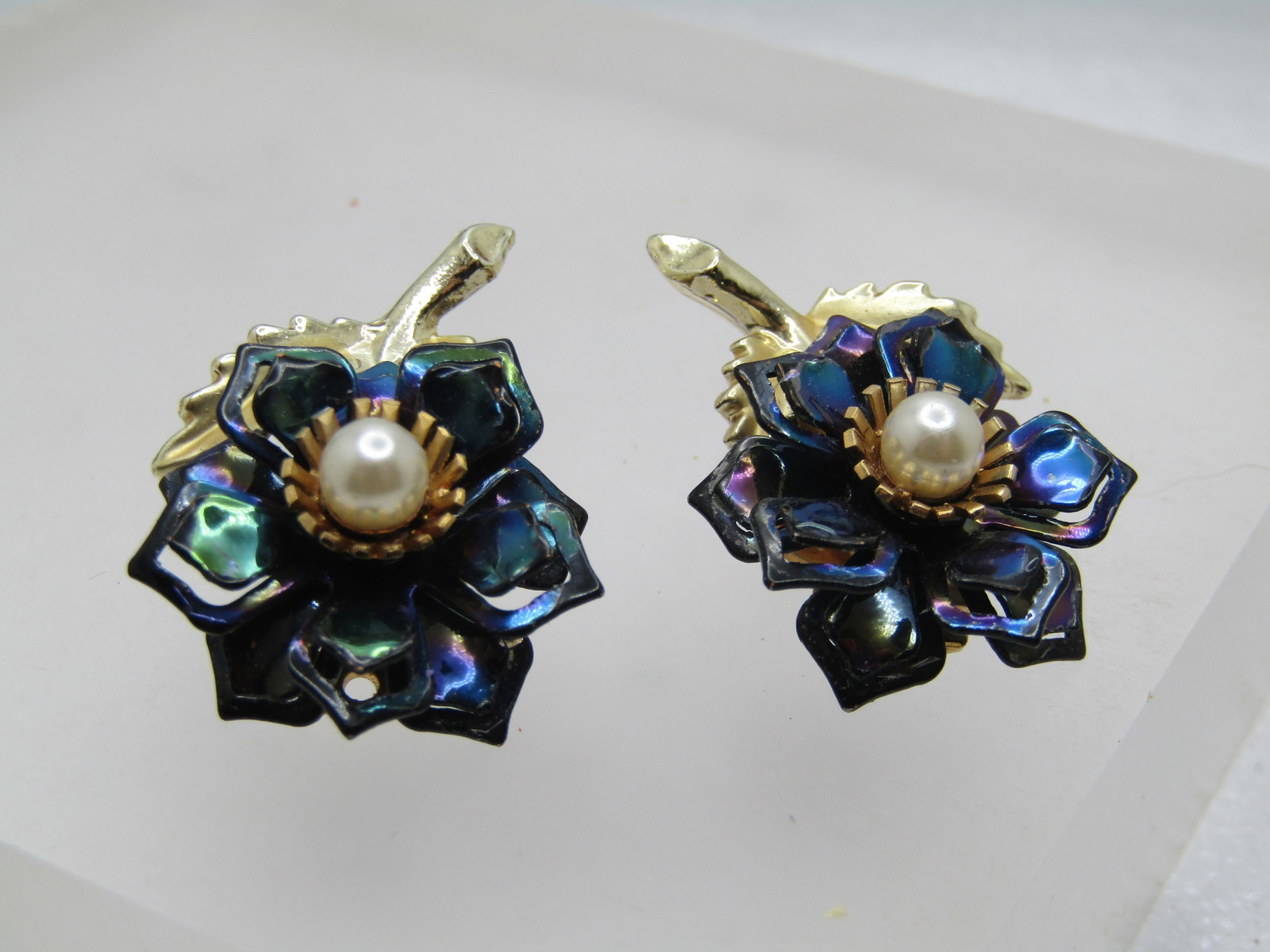 Vintage Peacock Iridescent Blossom Earrings, Clip, Enameled, 1960's - 2