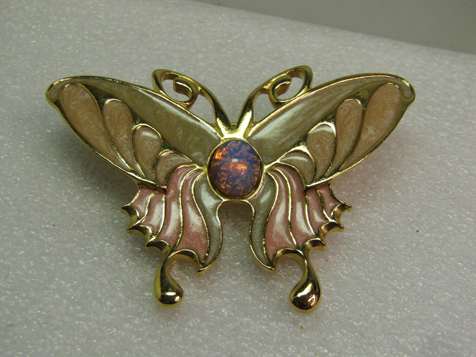 Vintage Enameled Faux Opal Butterfly Brooch, 1980's - 5