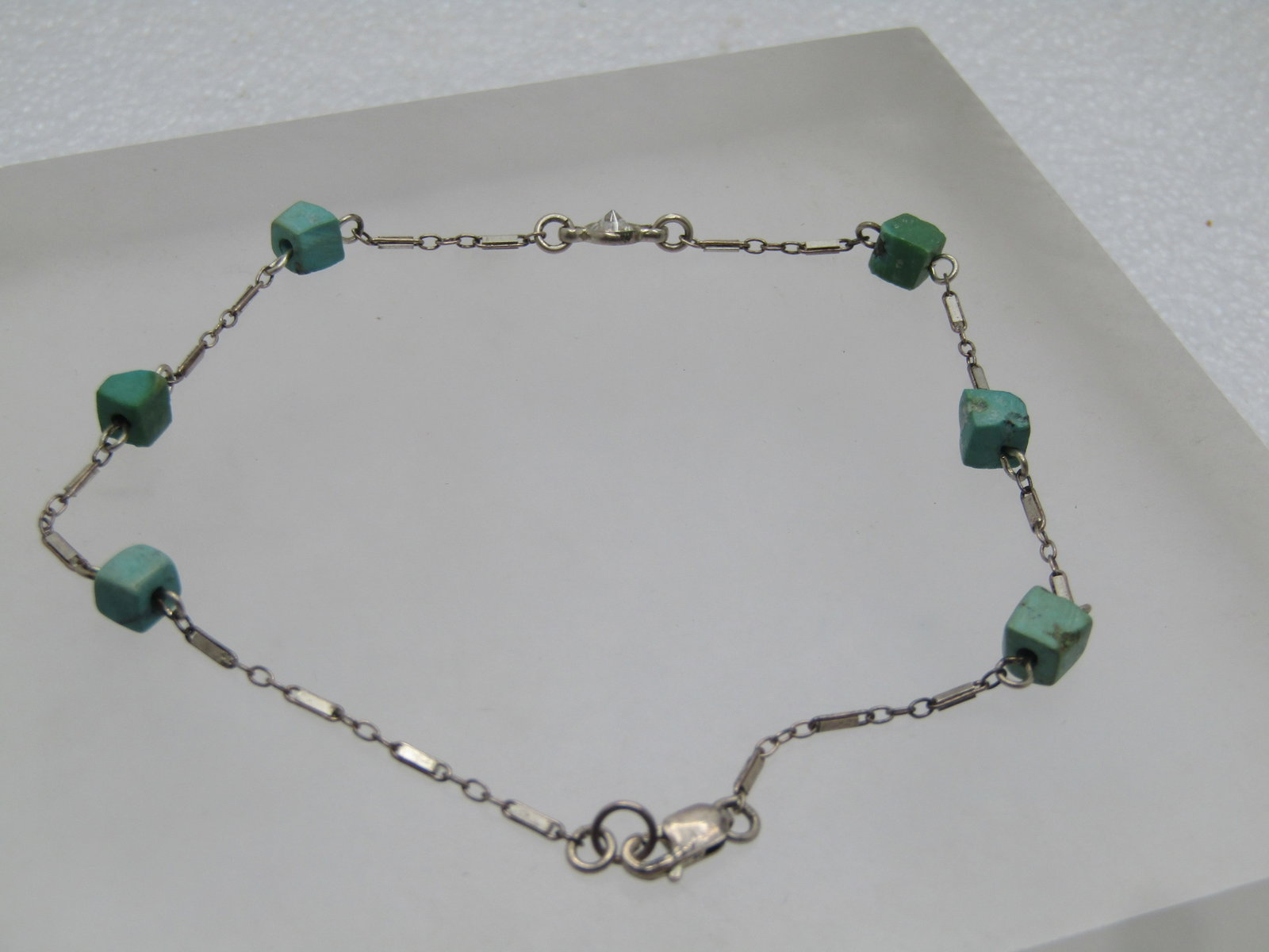 Vintage Sterling Turquoise Rhinestone Ankle Bracelet, 9.25", 1980's-1990's: Title: Vintage Sterling Turquoise Rhinestone Ankle Bracelet, 9.25", 1980's-1990's Description: Vintage Sterling Turquoise Rhinestone Ankle Bracelet, 9.25", 1980's-1990's. The chain is a 1mm bar link w