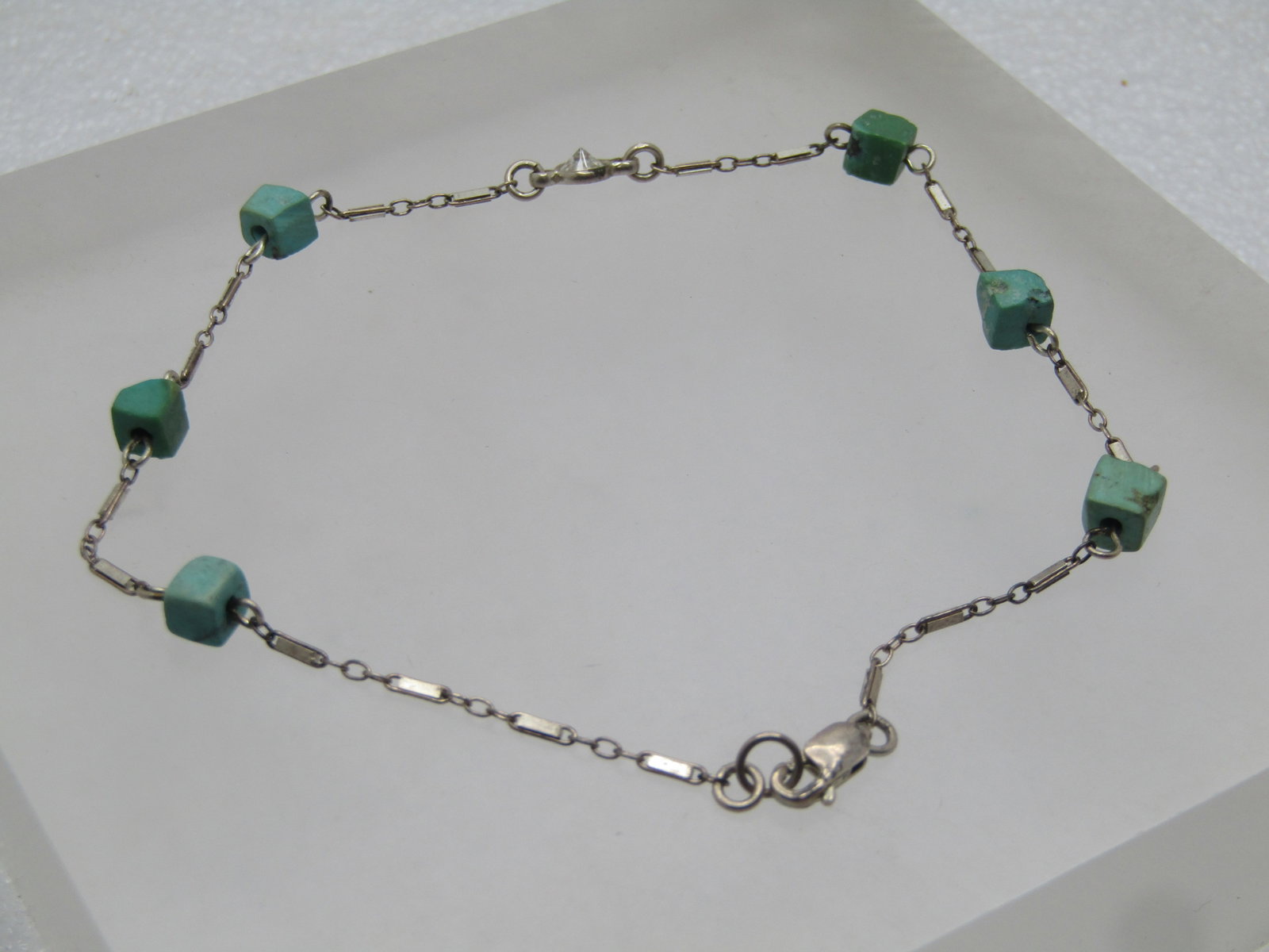 Vintage Sterling Turquoise Rhinestone Ankle Bracelet, 9.25", 1980's-1990's - 2