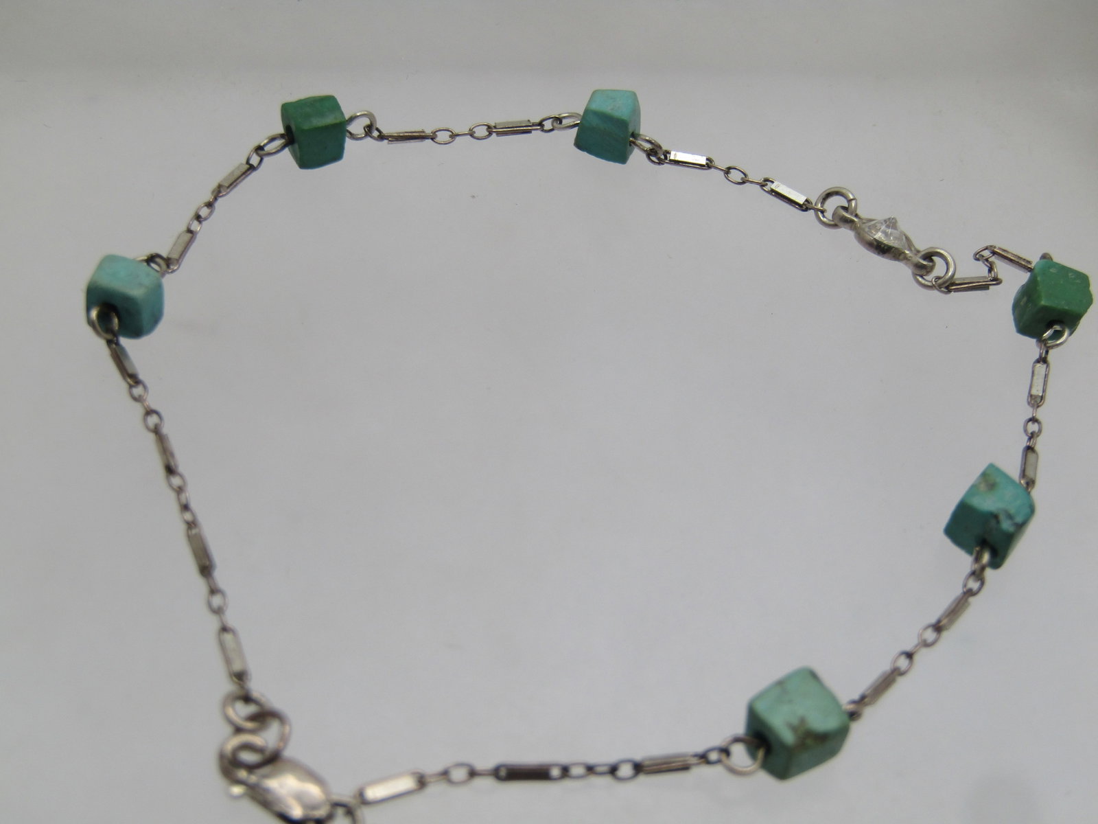 Vintage Sterling Turquoise Rhinestone Ankle Bracelet, 9.25", 1980's-1990's - 3