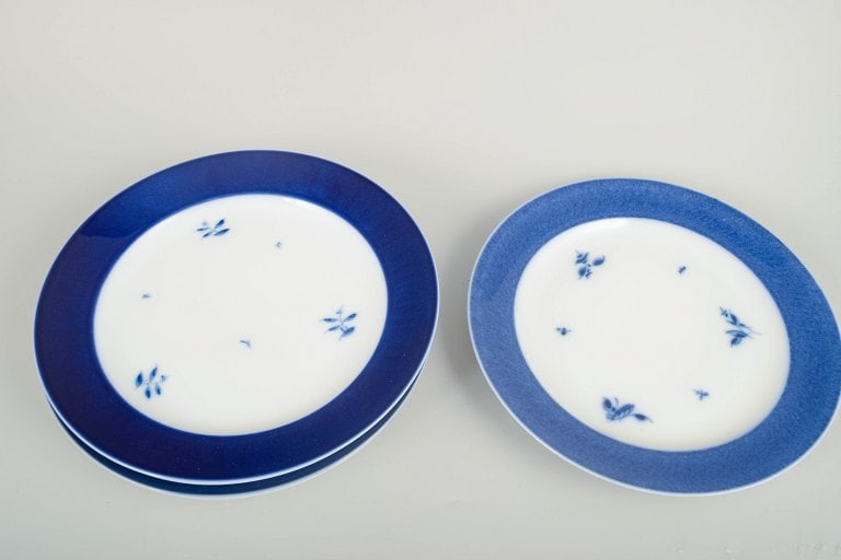 Royal Copenhagen, Denmark. Five large porcelain dinner plates with blue rim and floral accents. - 2
