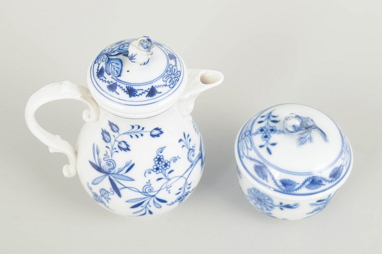 Meissen, Germany. Porcelain sugar bowl and demi-tasse pot decorated with cobalt blue glaze, “Blue - 2