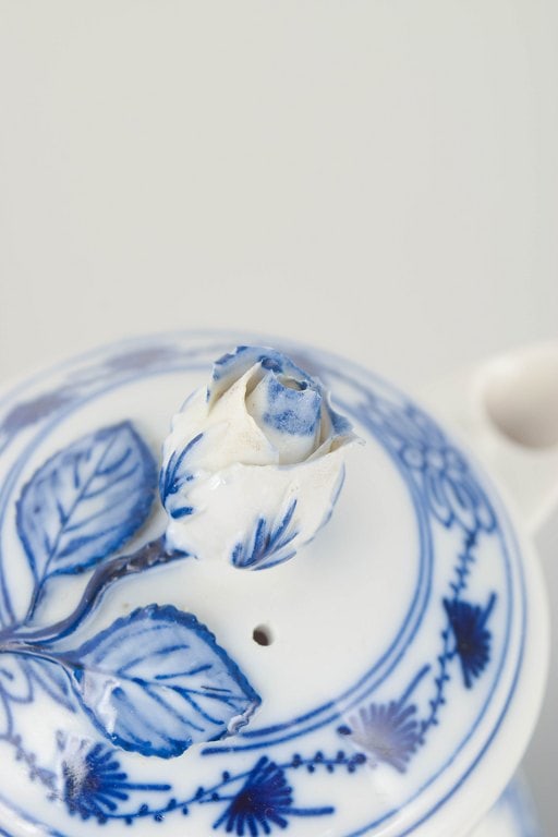 Meissen, Germany. Porcelain sugar bowl and demi-tasse pot decorated with cobalt blue glaze, “Blue - 4