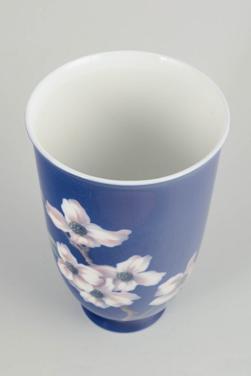 Royal Copenhagen, Denmark. Tall cylindrical porcelain vase with a cobalt blue ground. Dated 1963. - 2
