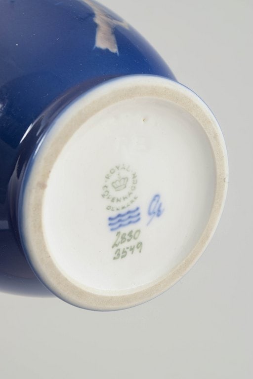 Royal Copenhagen, Denmark. Tall cylindrical porcelain vase with a cobalt blue ground. Dated 1963. - 4