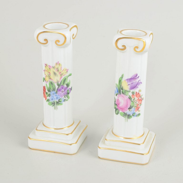 Herend, Hungary. Pair of porcelain candlesticks with floral decoration. Mid-20th century. (1 of 4)