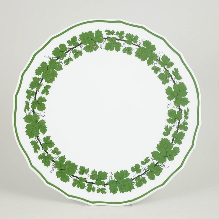Meissen, Germany. Large round porcelain cake dish from the green vine leaf series. Early 20th (1 of 4)