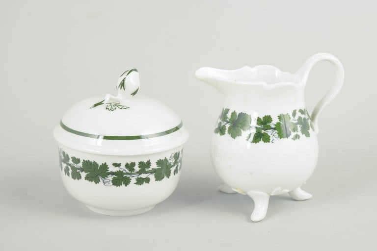Meissen, Germany. Porcelain sugar bowl and creamer from the green vine leaf series. Early 20th (1 of 4)