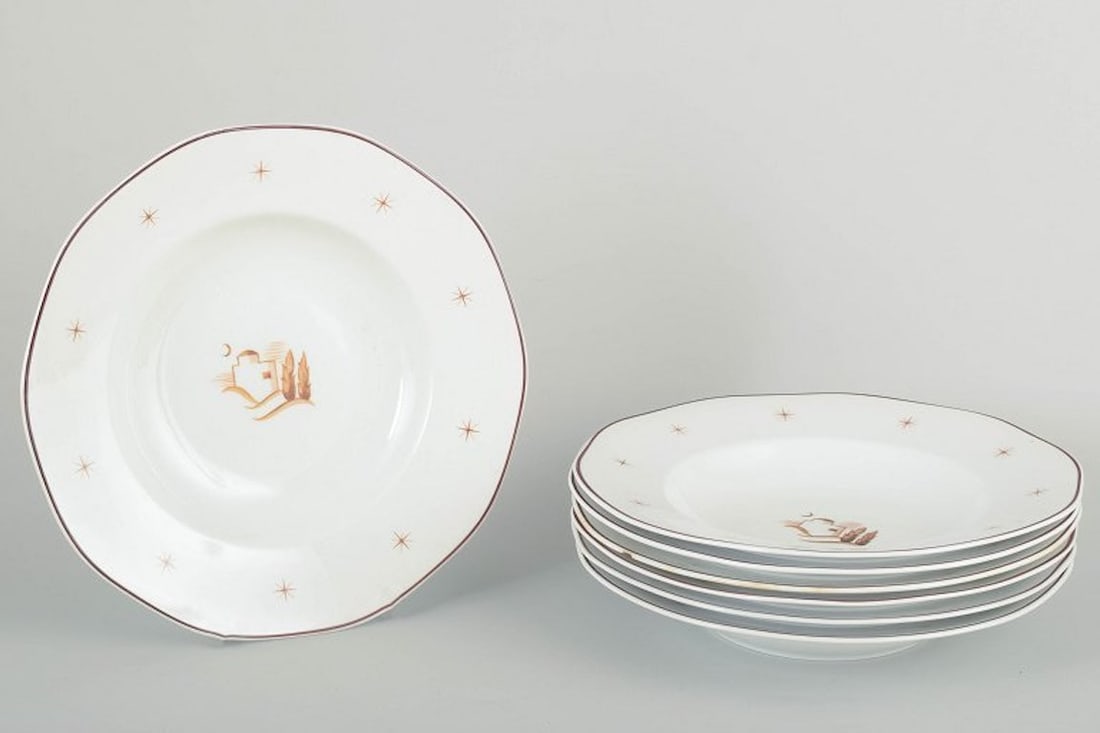 Arabia, Finland. Orient. Set of seven Art Deco-inspired porcelain soup plates. 1930s/40s. (1 of 4)