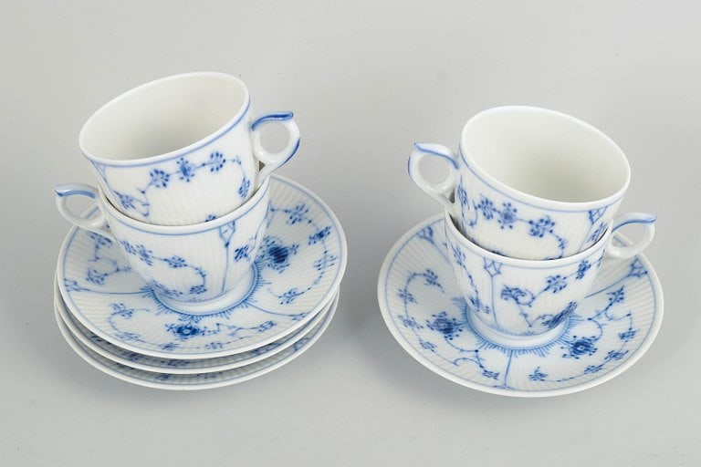 Royal Copenhagen, Denmark. Blue Fluted Plain, set of four porcelain coffee cups with saucers. - 2