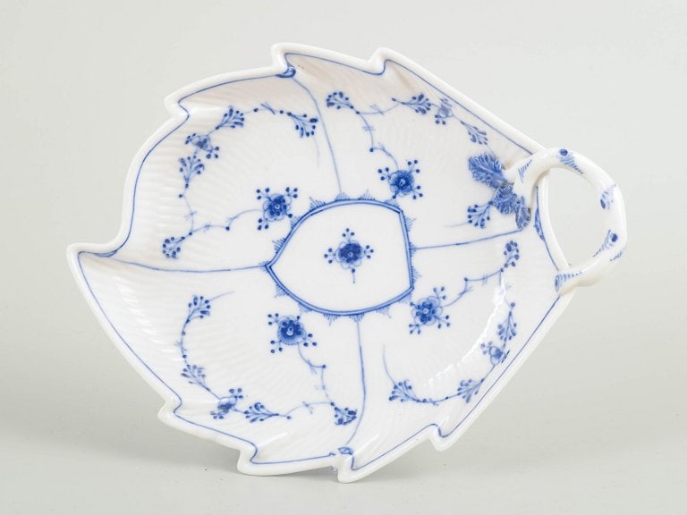 Royal Copenhagen, Denmark. Blue Fluted Plain leaf-shaped porcelain dish with handle decorated with (1 of 4)