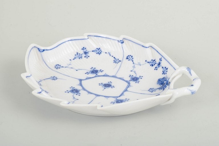 Royal Copenhagen, Denmark. Blue Fluted Plain leaf-shaped porcelain dish with handle decorated with - 2