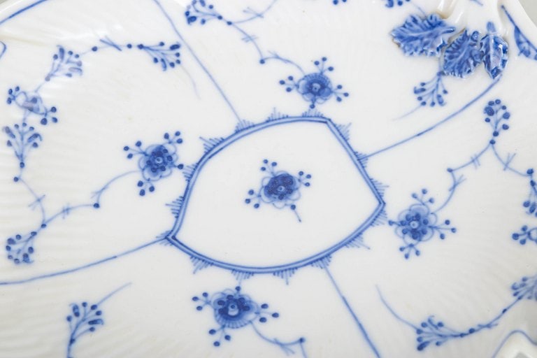 Royal Copenhagen, Denmark. Blue Fluted Plain leaf-shaped porcelain dish with handle decorated with - 3