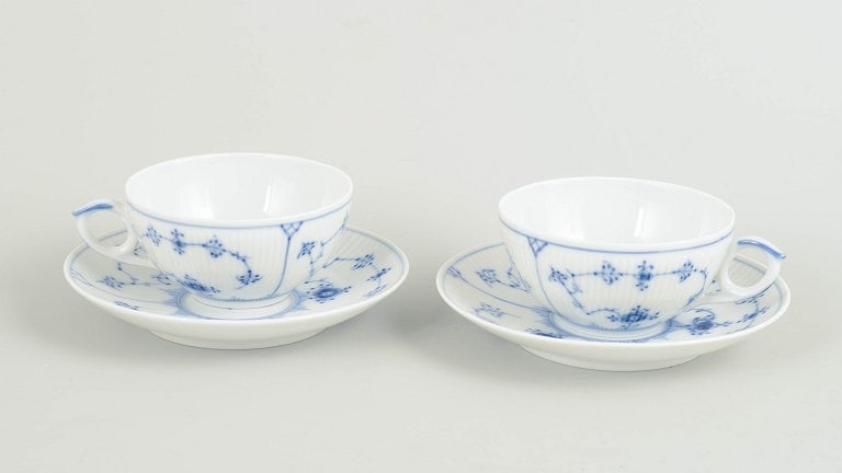 Royal Copenhagen, Denmark. Blue Fluted Plain set of two porcelain tea cups with saucers decorated (1 of 4)