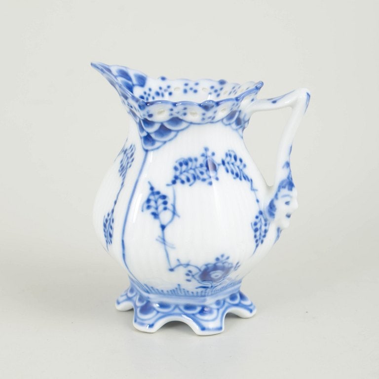 Royal Copenhagen, Denmark. Blue Fluted Full Lace porcelain creamer decorated with blue underglaze. (1 of 4)