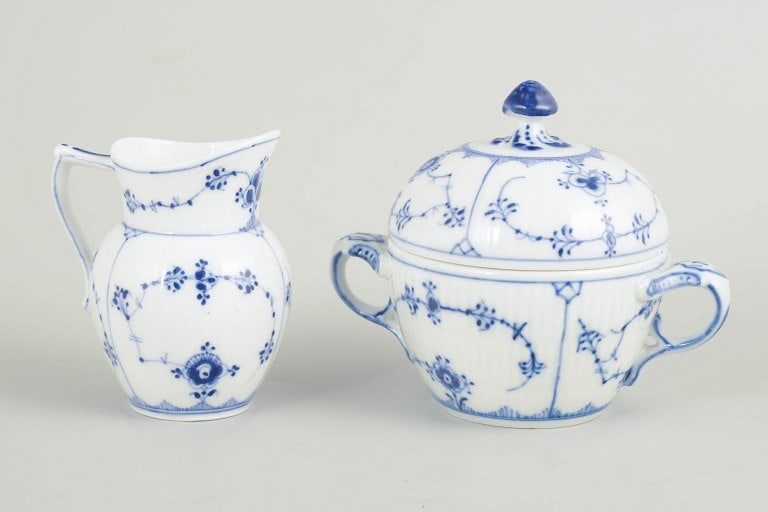 Royal Copenhagen, Denmark. Blue Fluted Plain porcelain creamer and sugar bowl decorated with blue (1 of 4)