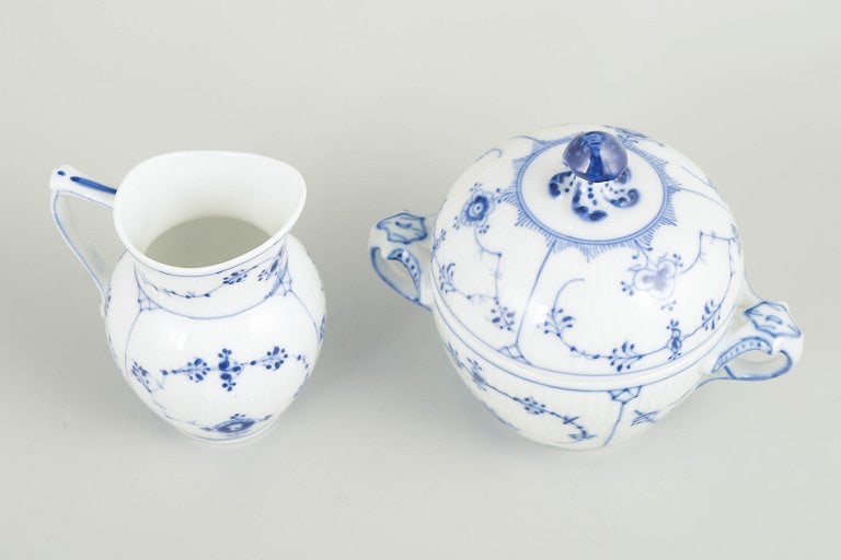 Royal Copenhagen, Denmark. Blue Fluted Plain porcelain creamer and sugar bowl decorated with blue - 2
