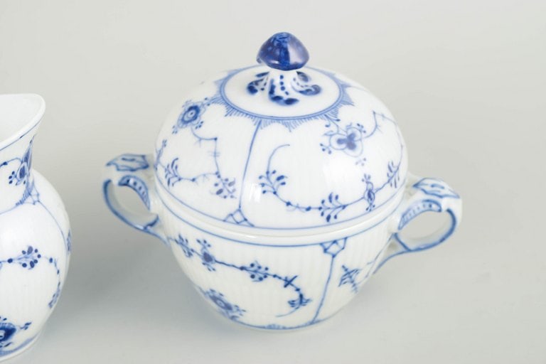 Royal Copenhagen, Denmark. Blue Fluted Plain porcelain creamer and sugar bowl decorated with blue - 3