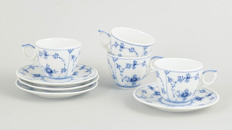 Royal Copenhagen, Denmark. Blue Fluted Plain set of four porcelain coffee cups with matching saucers (1 of 4)