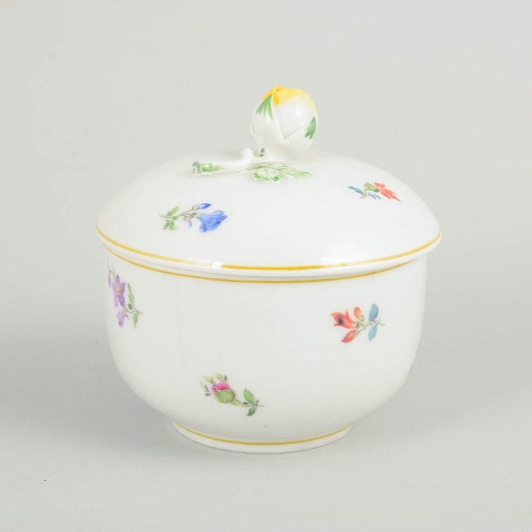 Meissen, Germany. Round porcelain lidded bowl with polychrome flowers. Early 20th century. (1 of 5)